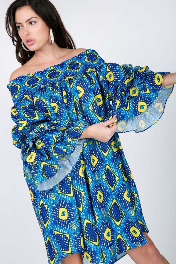 Smocked off-shoulder midi dress with voluminous ruffle sleeves, blue geometric print