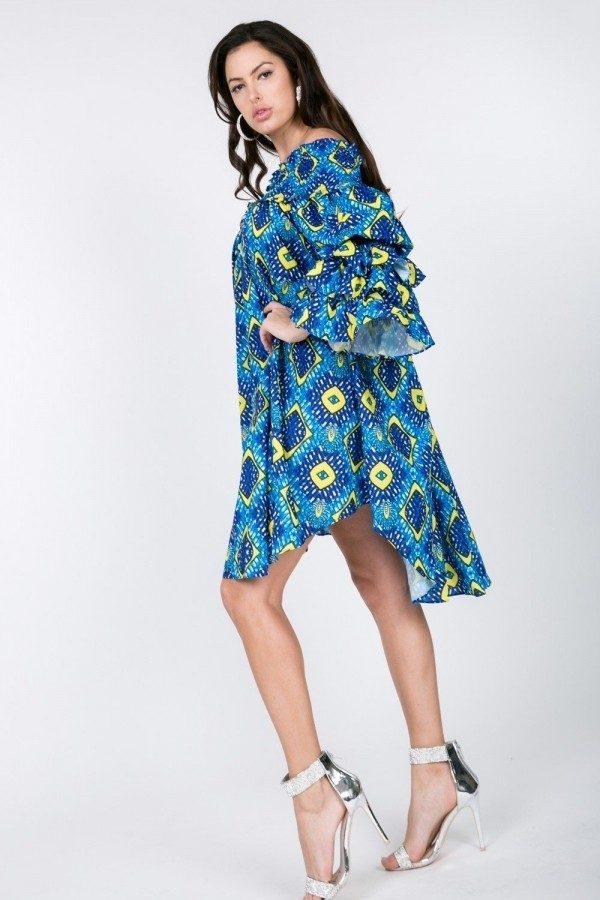 Printed midi dress, off-shoulder smocking and layered ruffle sleeves in blue/yellow