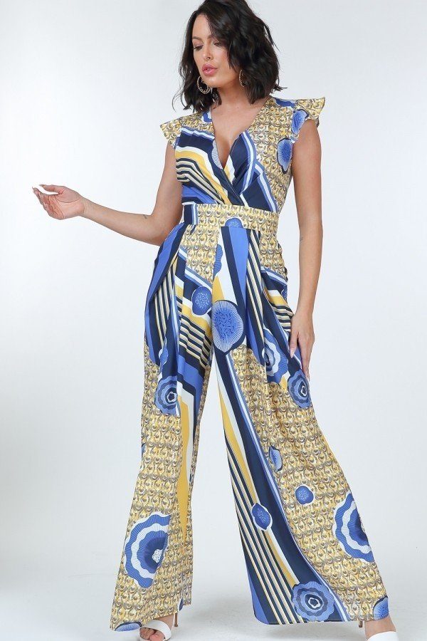 Ruffle sleeve surplice jumpsuit in blue, gold, and white geometric print
