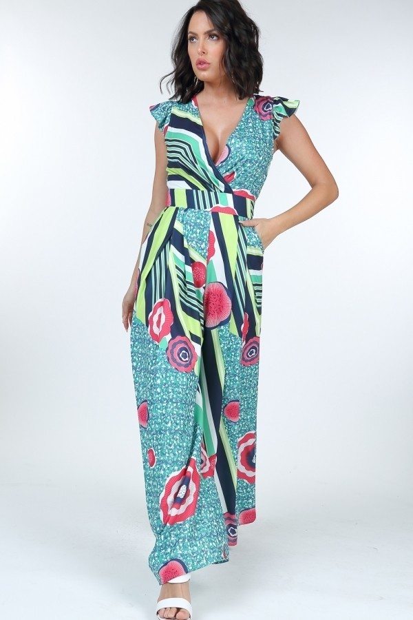 Ruffle Sleeve Surplice Jumpsuit - Tigbul's Variety Fashion Shop