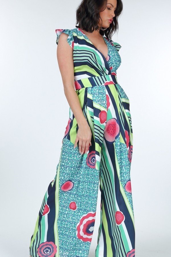 Mint teal surplice jumpsuit with ruffled sleeves and striped patchwork panels