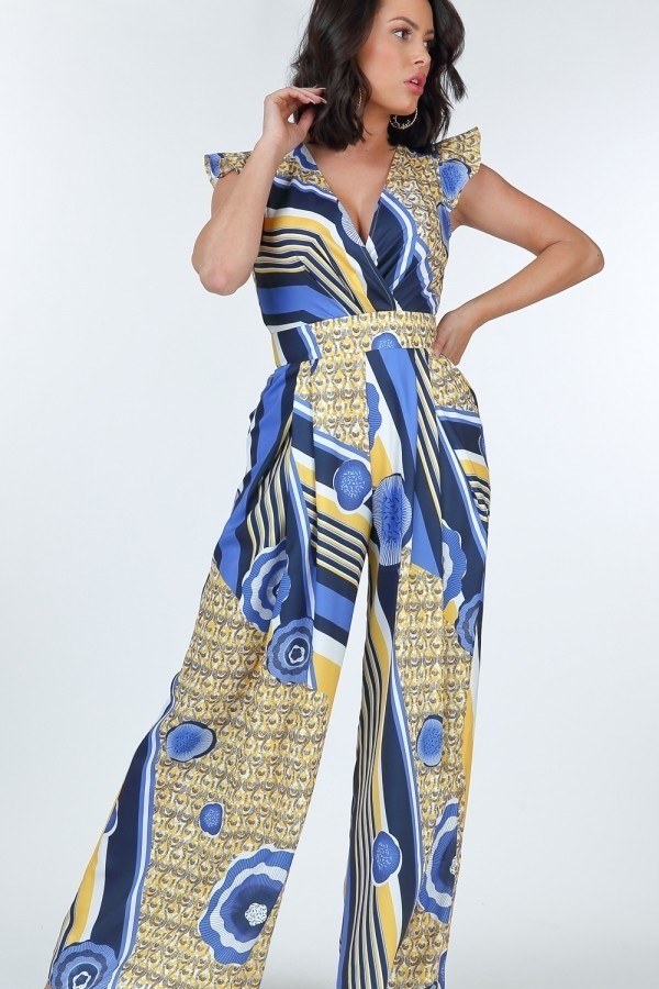 Surplice V-neck jumpsuit with ruffled shoulder sleeves, blue and gold print