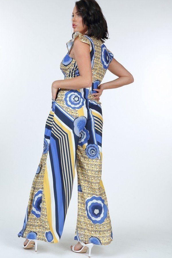 Ruffle sleeve surplice jumpsuit with wide legs in blue-and-gold patterned fabric