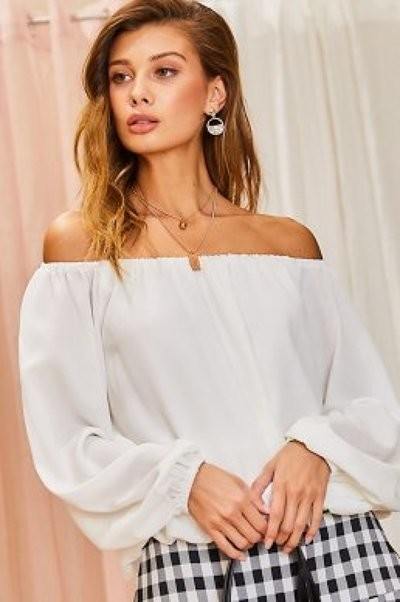 Off-Shoulder Solid Top mit langen Bubble-Ärmeln, weiß