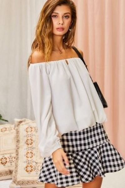 Off-Shoulder Solid Top mit weiten langen Puffärmeln, weiß