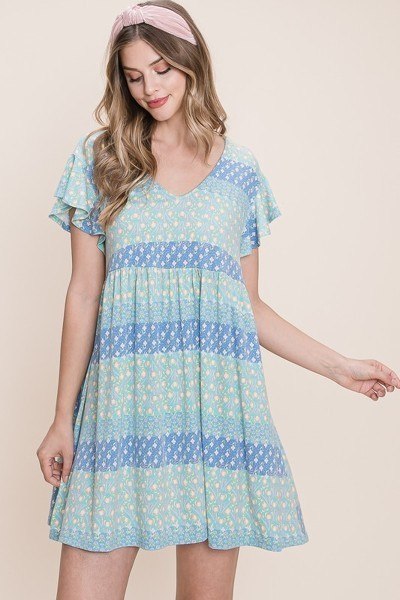 Tigbul’s floral babydoll mini dress, light blue with V-neck and flutter sleeves