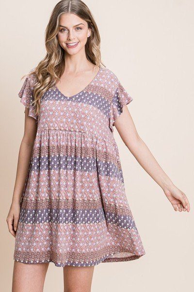 Floral printed babydoll mini dress with V-neck, flutter sleeves, and tiered skirt