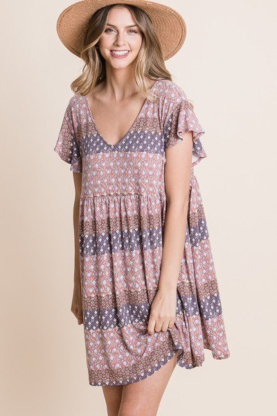 Floral babydoll mini dress with V-neck, gathered empire waist, and ruffled flutter sleeves