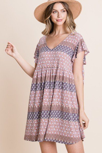 Floral babydoll mini dress with deep V neckline, short flutter sleeves, and flared hem