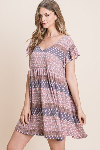 Floral babydoll mini dress, side view: V-neck bodice, tiered skirt, flutter sleeves