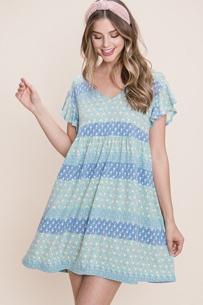 Floral printed babydoll mini dress in light blue with gathered waist and tiered skirt