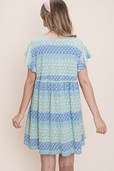 Back view of light blue floral babydoll mini dress with tiered ruffle sleeves