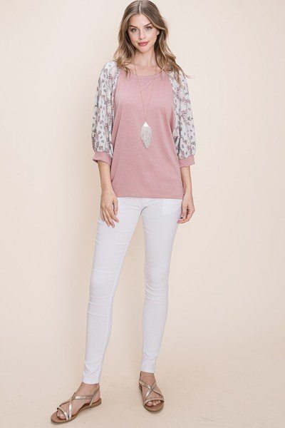 Mauve solid French terry top with three-quarter floral sleeves, relaxed fit