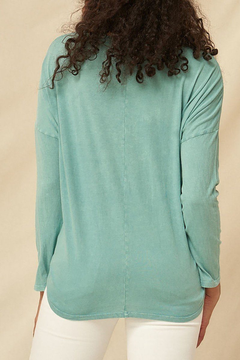 Jade mineral-washed knit top back view with long sleeves and stitched seams