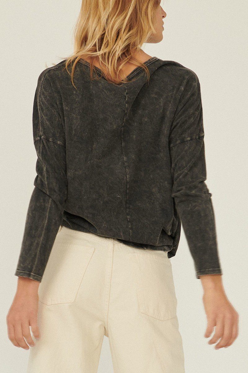 Charcoal mineral-washed knit top back view with stitched seams and long sleeves