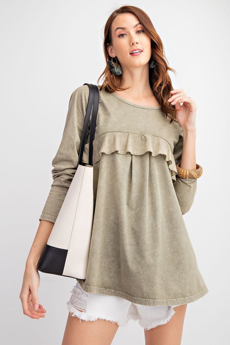 Faded olive long-sleeve knit tunic with layered ruffle hem detail