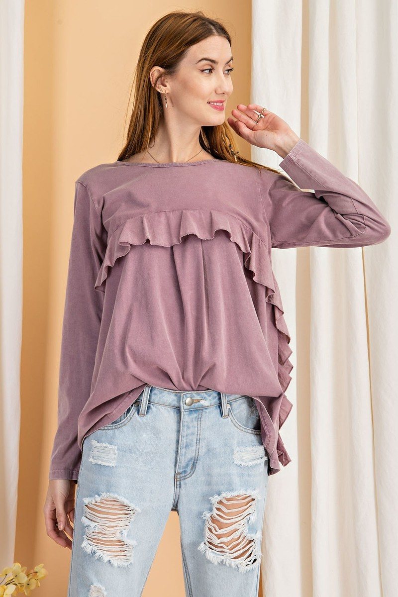 Long Sleeve Ruffled Detailing Oil Washed Knit Tunic - Tigbul's Variety Fashion Shop