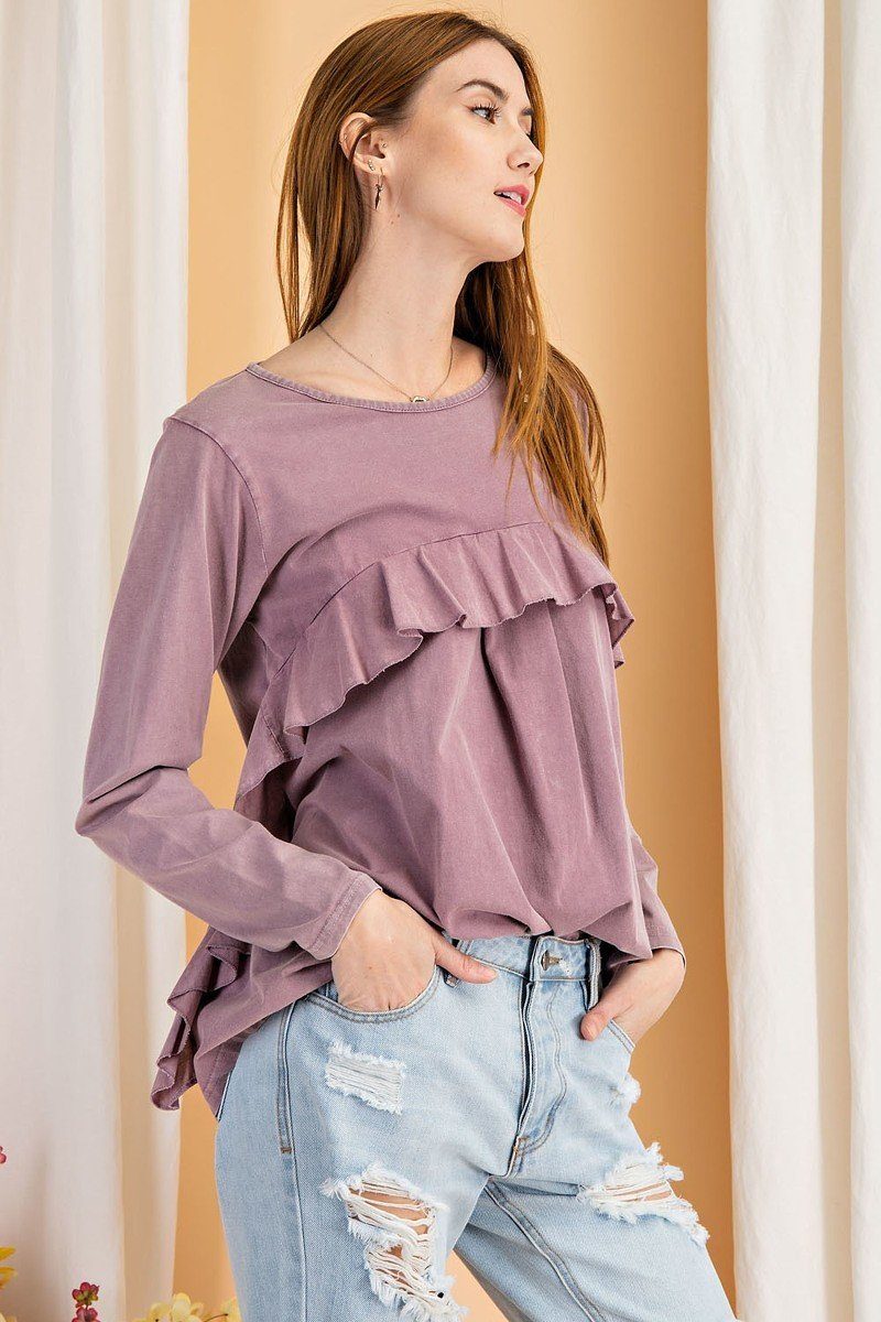 Mauve long-sleeve ruffled knit tunic, draped front