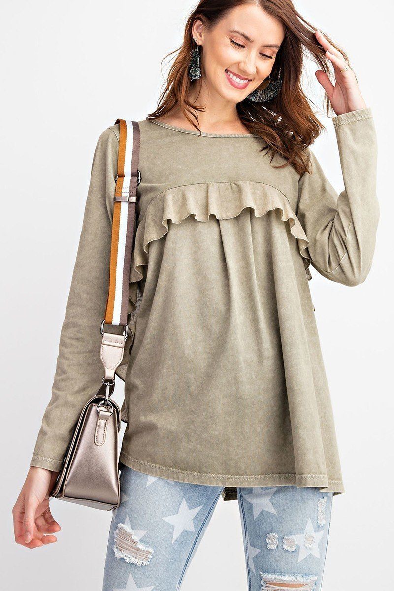 Faded olive long-sleeve knit tunic with ruffled yoke detail