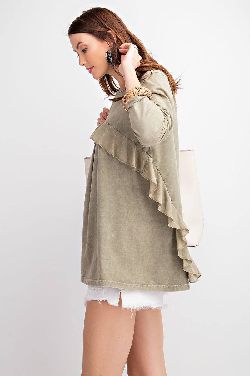 Faded olive ruffled knit tunic with tiered front overlay