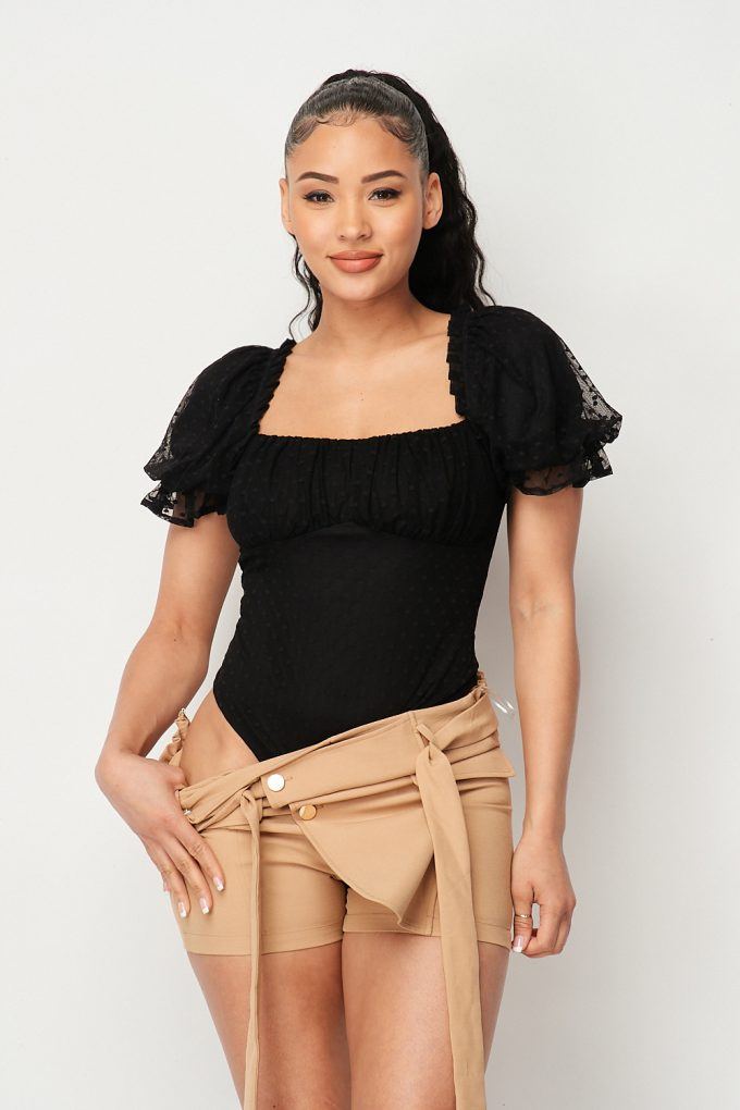 Black polka-dot stretch mesh bodysuit with puff sleeves and square neckline