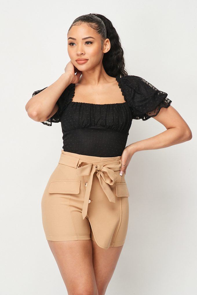 Black stretch mesh bodysuit with polka dots and ruched square neckline