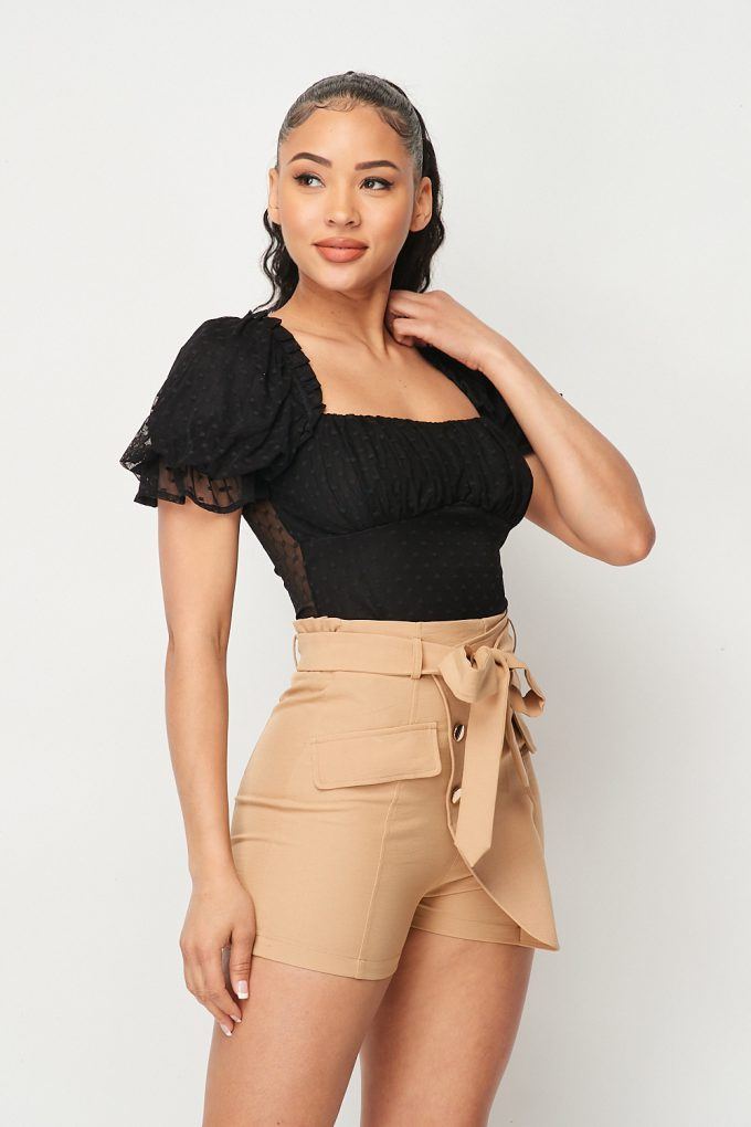 Black polka-dot mesh bodysuit with short puff sleeves and square neckline