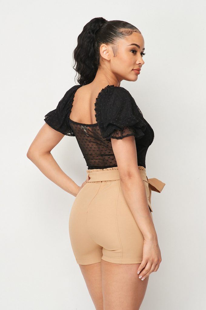 Black polka-dot mesh bodysuit back view with short puff sleeves