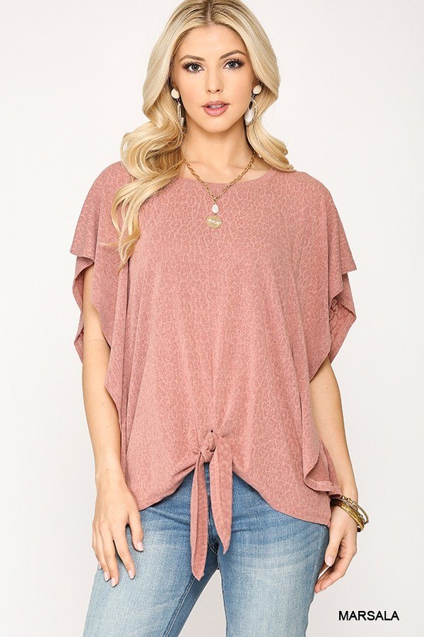 Leopard Jacquard Knit Jersey Top With Front Tie, Ruffled Sleeve - Tigbul's Variety Fashion Shop