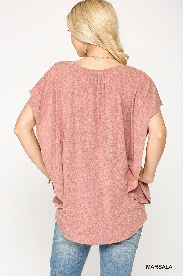 Leopard Jacquard Knit Jersey Top With Front Tie, Ruffled Sleeve - Tigbul's Variety Fashion Shop
