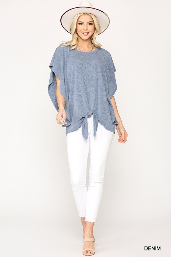 Leopard Jacquard Knit Jersey Top With Front Tie, Ruffled Sleeve - Tigbul's Variety Fashion Shop