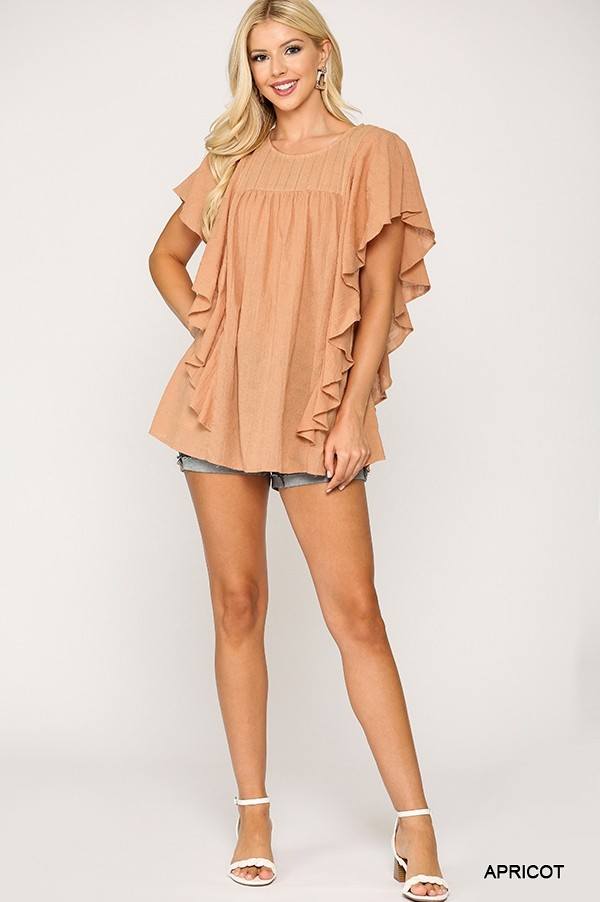 Apricot ruffle-sleeve tunic top with loose fit