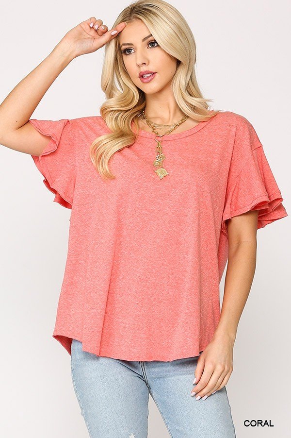 Solid Round Neck Frill Sleeve Top With Scoop Hem - Tigbul's Variety Fashion Shop