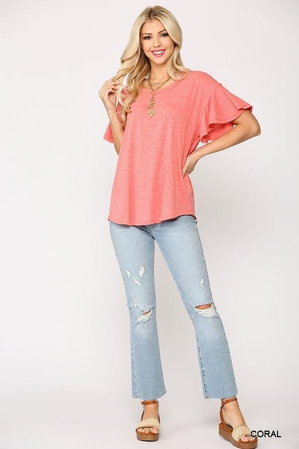 Solid Round Neck Frill Sleeve Top With Scoop Hem - Tigbul's Variety Fashion Shop