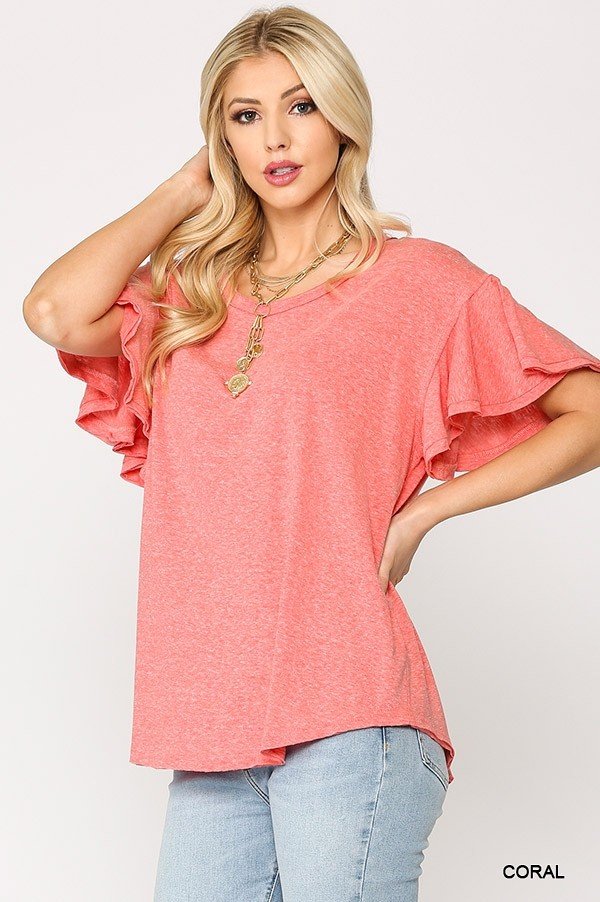 Solid Round Neck Frill Sleeve Top With Scoop Hem - Tigbul's Variety Fashion Shop