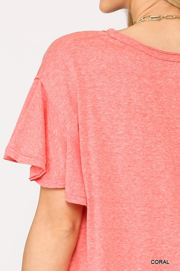 Solid Round Neck Frill Sleeve Top With Scoop Hem - Tigbul's Variety Fashion Shop