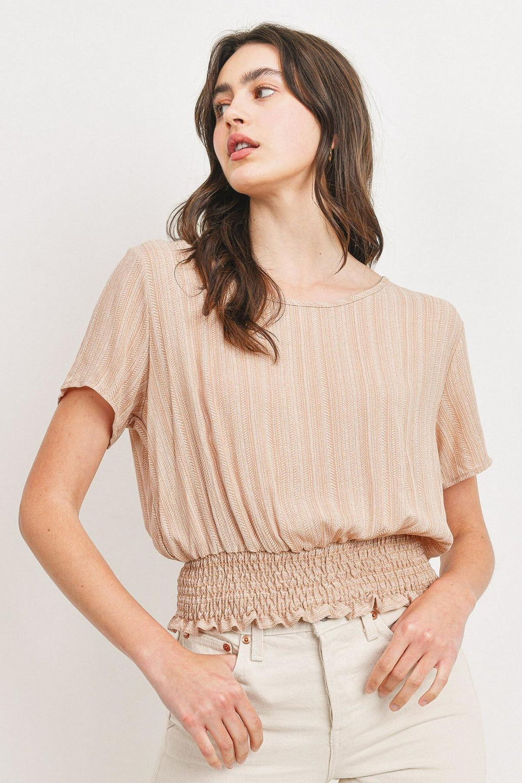 Woven Printed Crinkle Gauze Waist Smocking Short Sleeve Top - Tigbul's Variety Fashion Shop