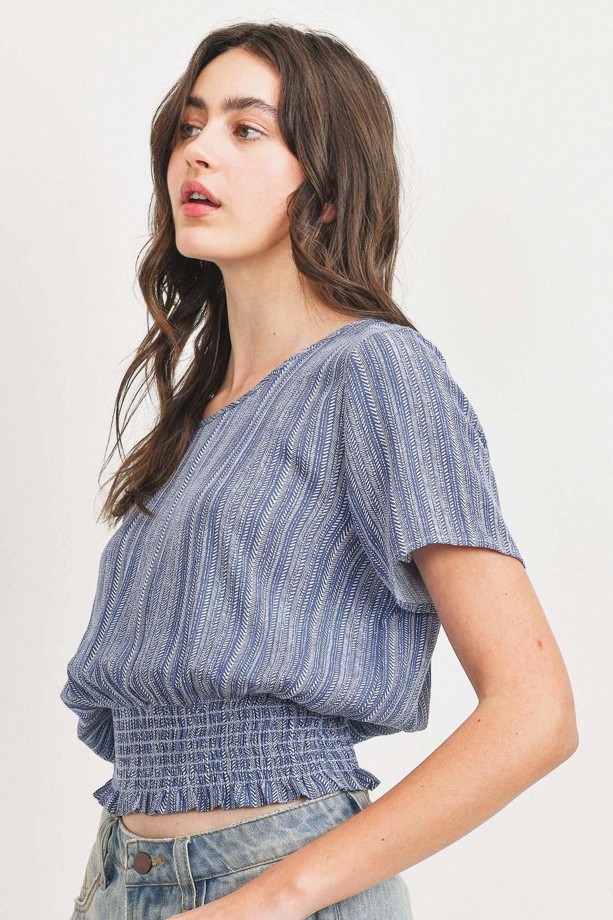 Printed crinkle gauze top with waist smocking, short sleeves, blue stripe pattern