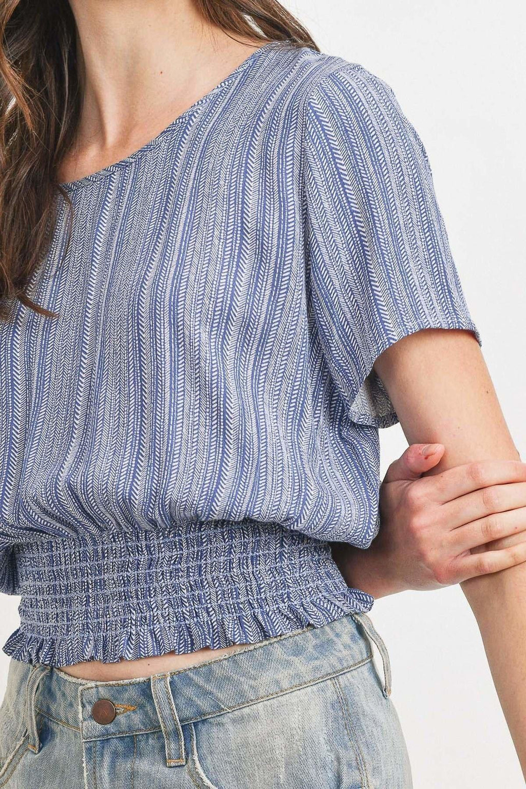 Printed crinkle gauze top sleeve and smocked waist hem, blue stripe print
