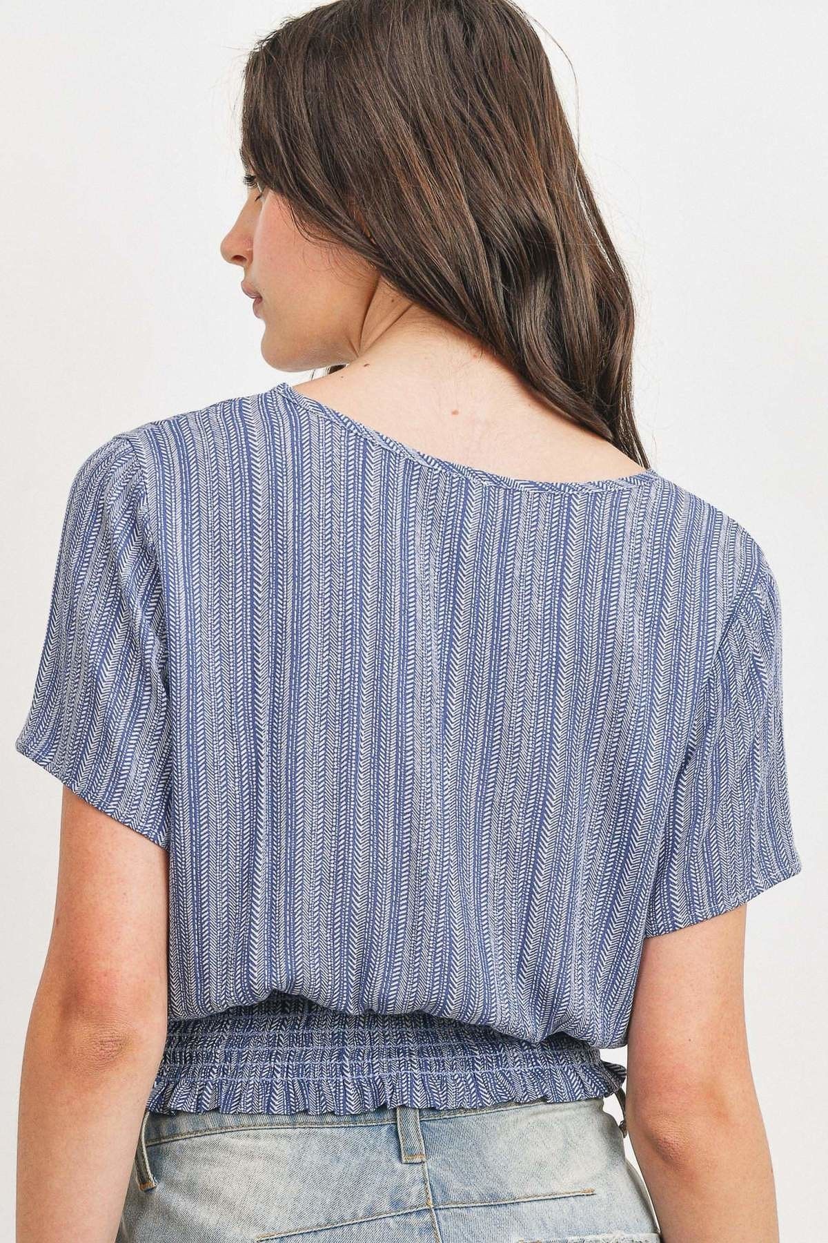 Printed crinkle gauze top with round-back neckline and smocked waist, blue stripes