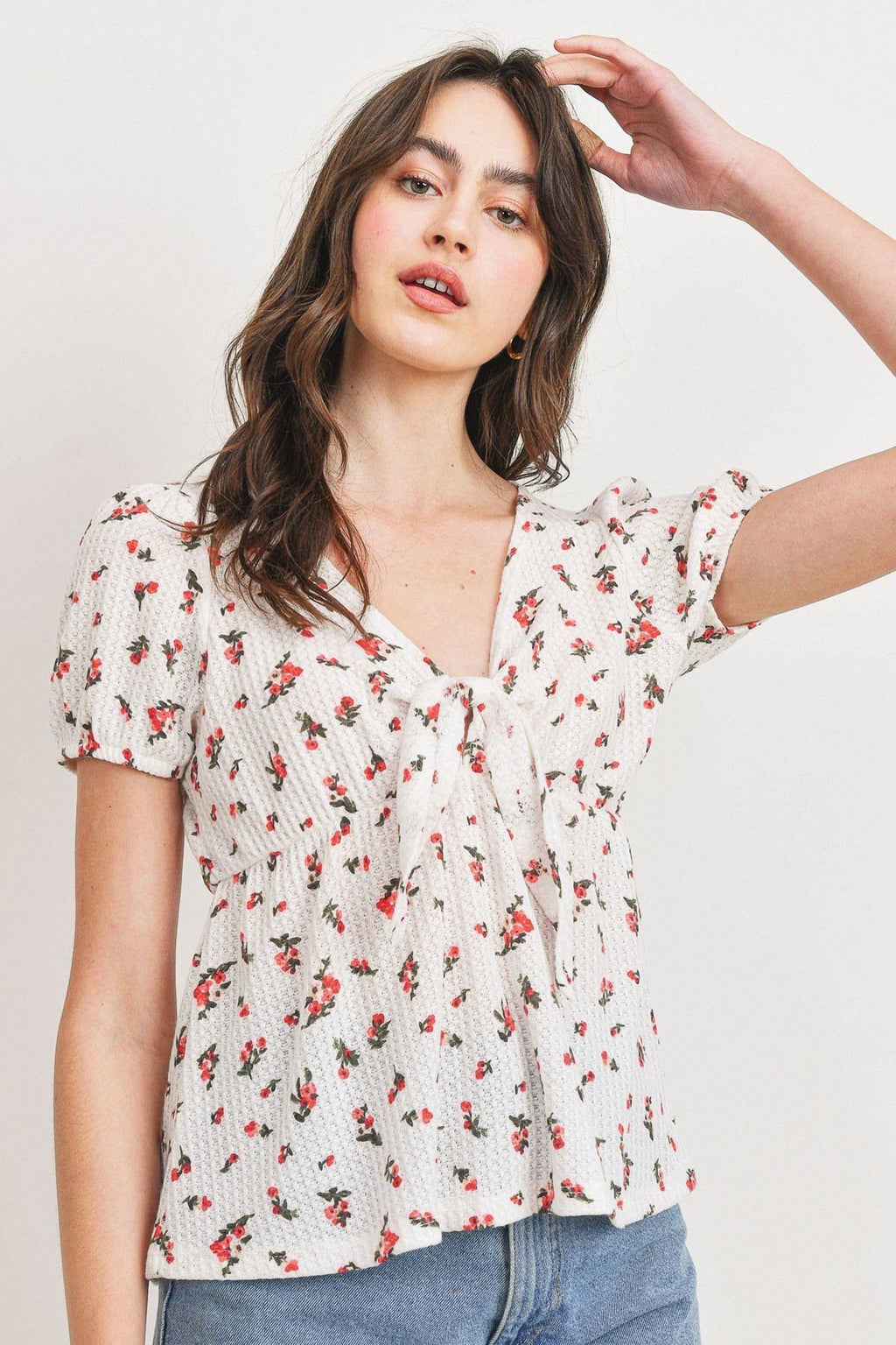 Front tie floral waffle top in ivory multi with puff sleeves and V-neck