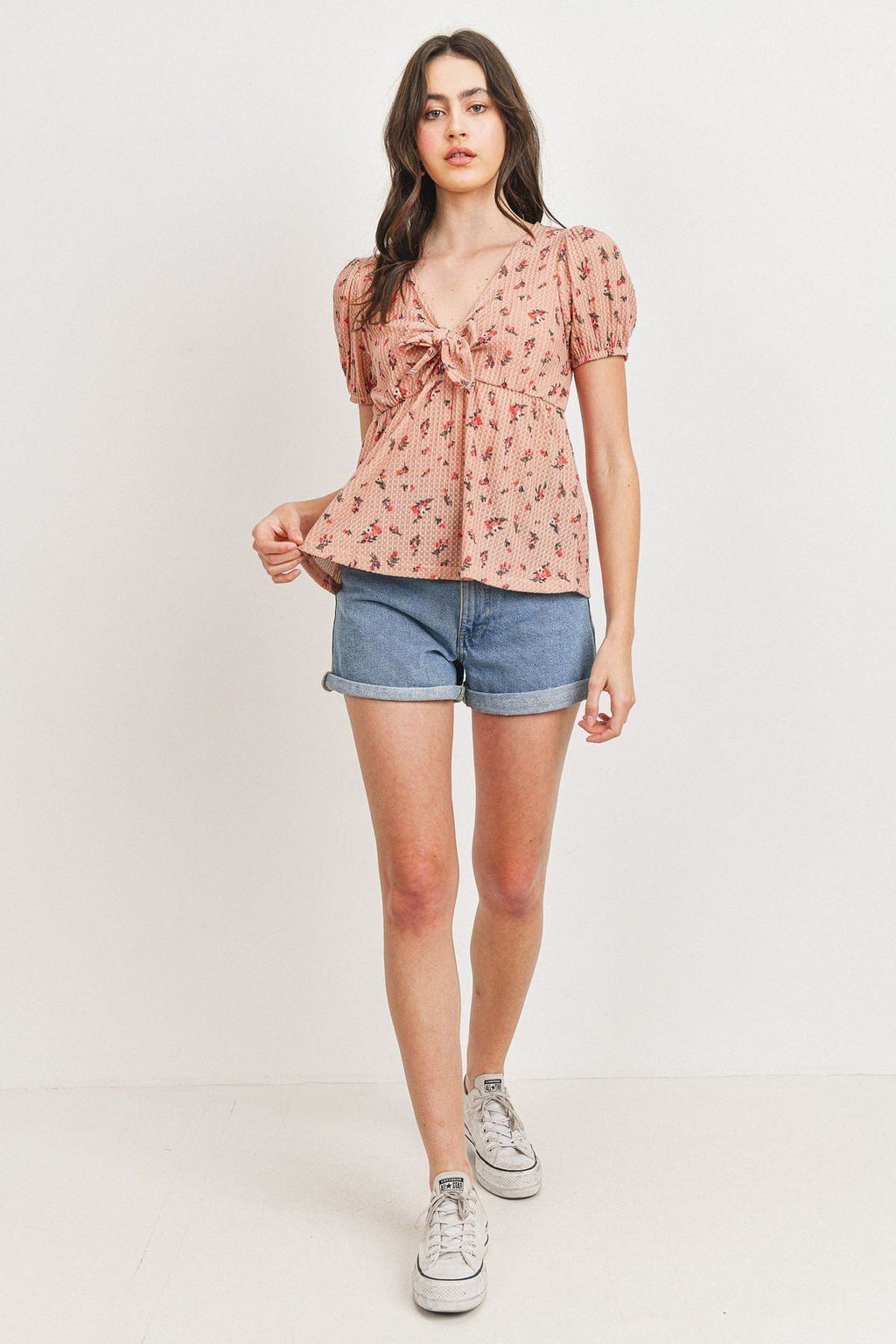 Blush multi front-tie floral waffle top with puff sleeves and V-neck