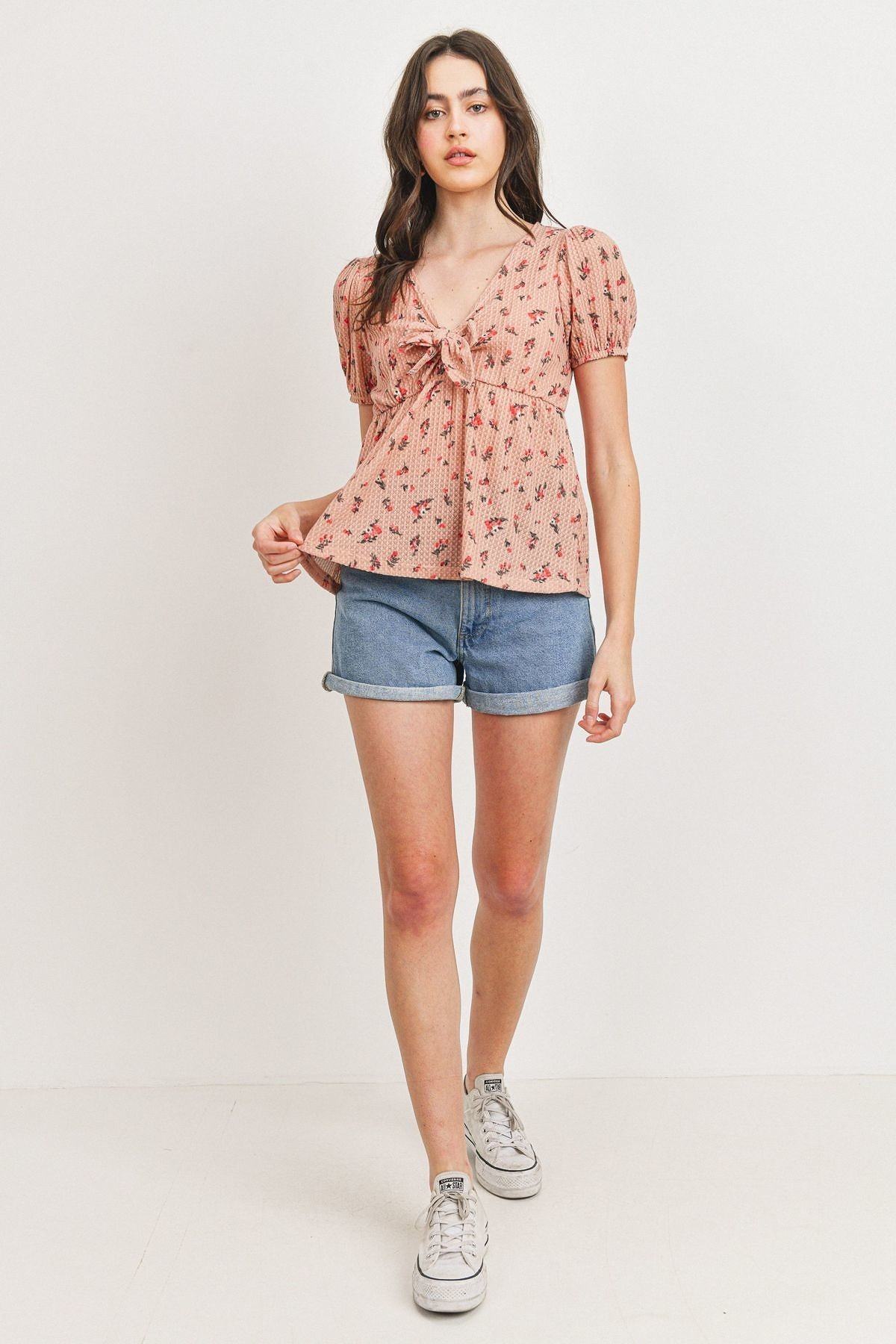Blush multi front-tie floral waffle top with puff sleeves and V-neck