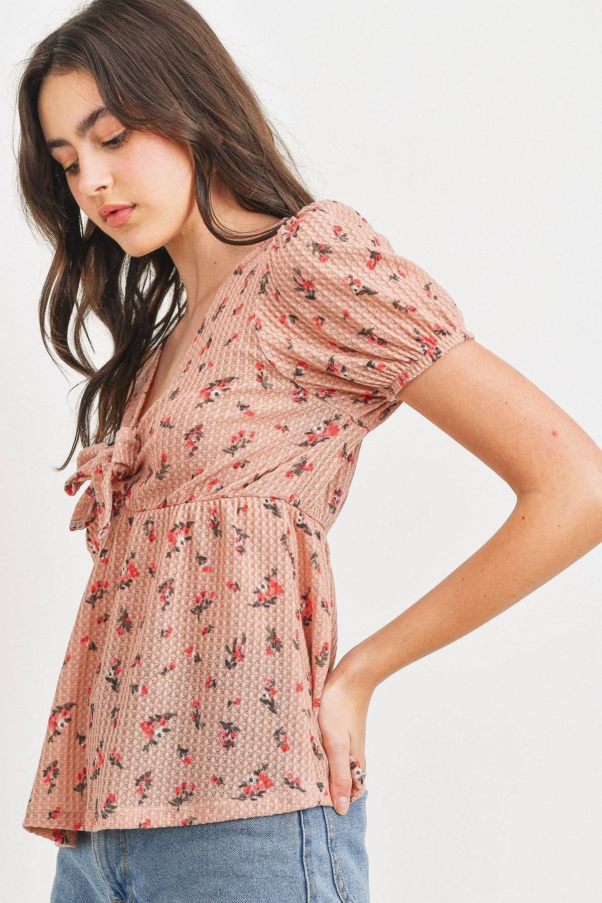 Blush multi floral waffle top, front tie detail and short puff sleeves