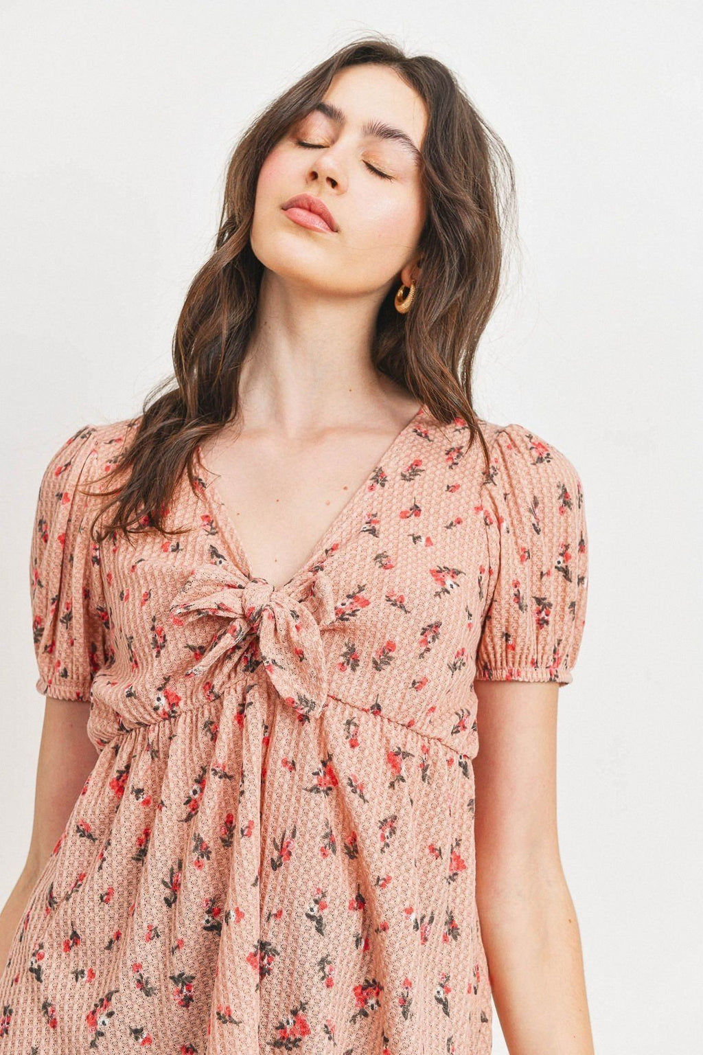 Blush multi front-tie floral waffle top with V-neck and smocked bodice