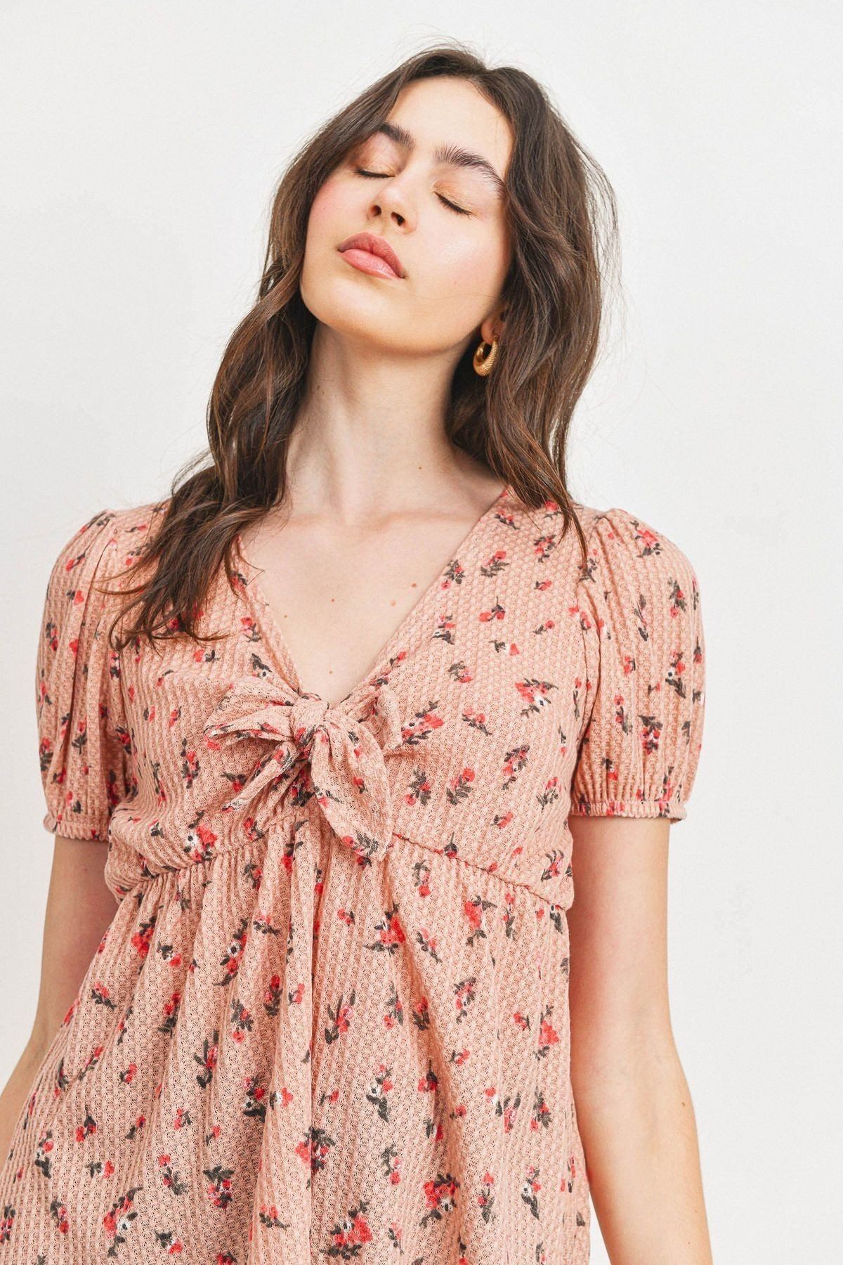 Blush multi front-tie floral waffle top with V-neck and smocked bodice