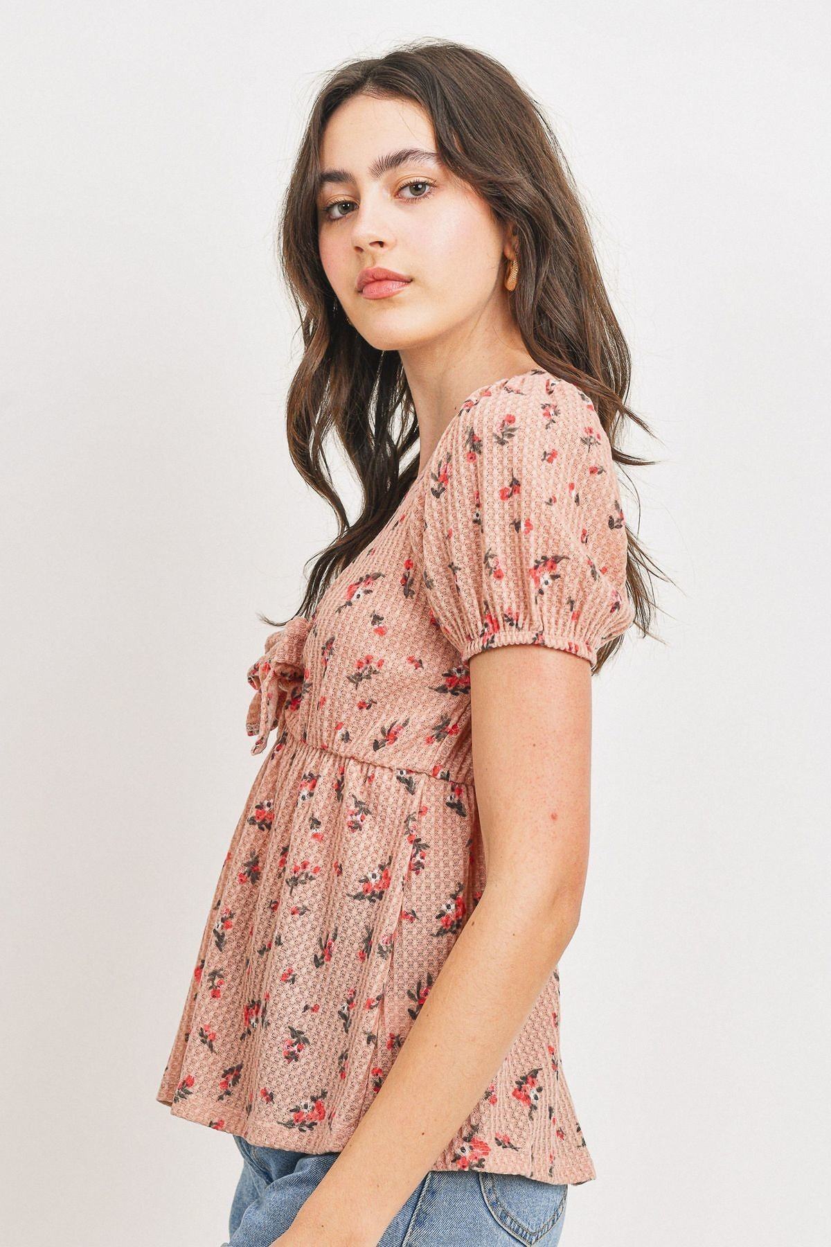 Blush multi floral waffle top with puff sleeves and waist tie at front