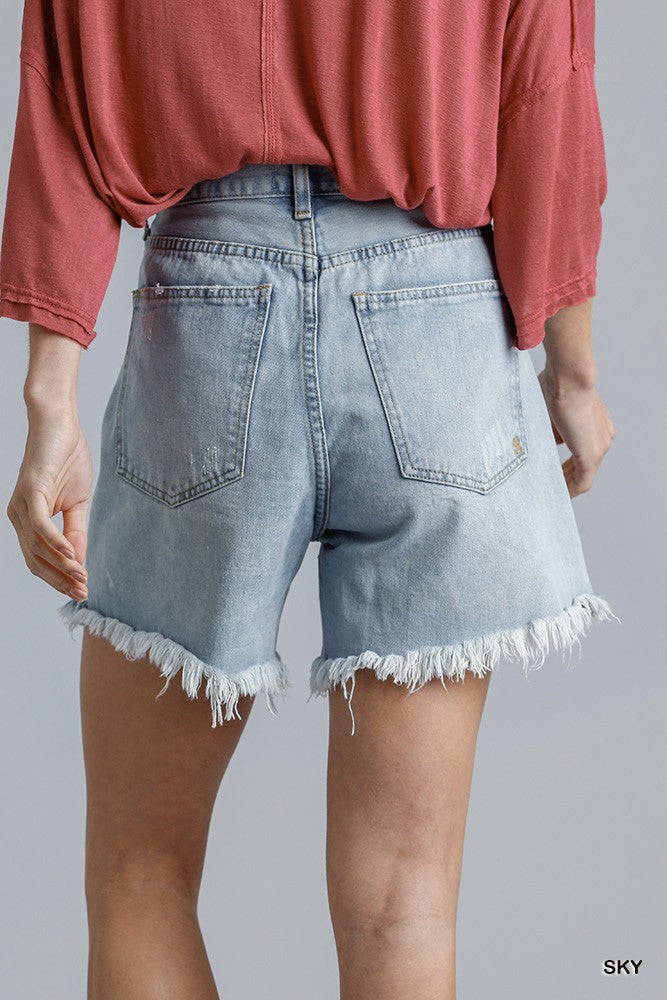 High rise denim shorts with raw frayed hem and back patch pockets