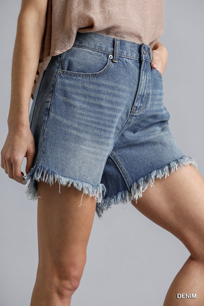 High rise denim shorts, front view, raw hem fringe and belt loops