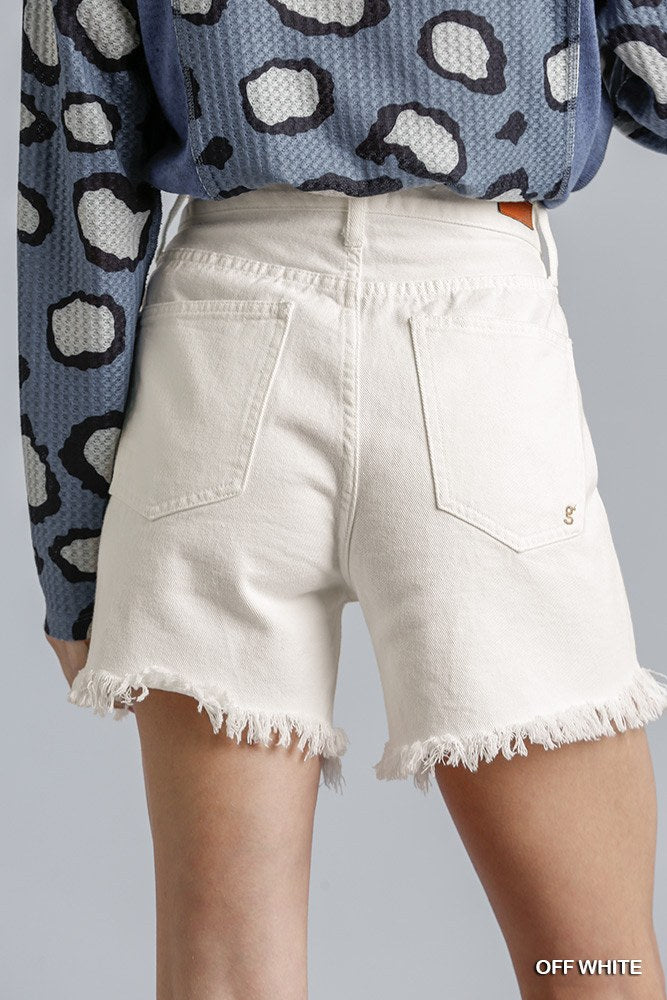 High rise off-white denim shorts with raw frayed hem and back seam detailing